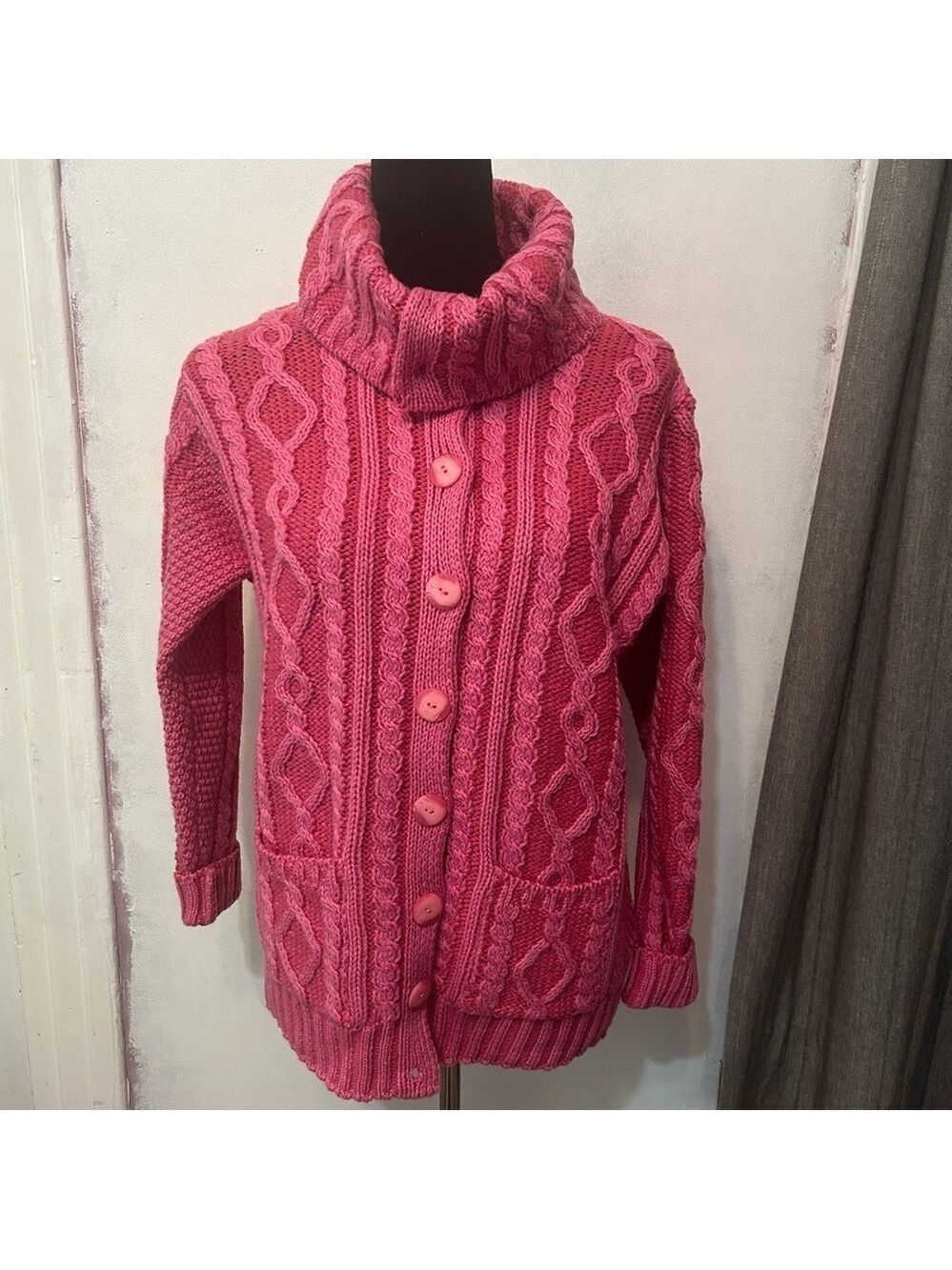 Aran Crafts Women’s Merino Wool Ireland Fisherman Cableknit Button Pink Small